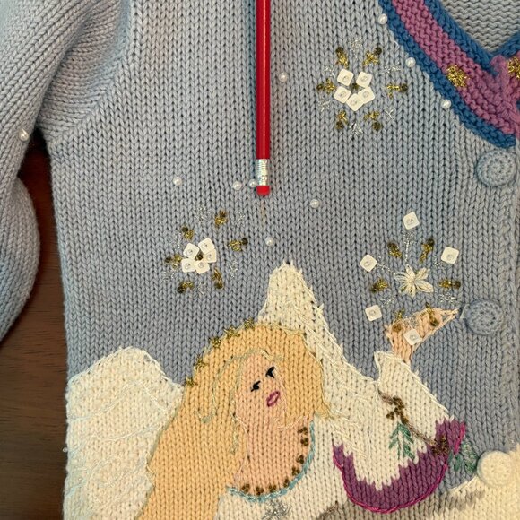 Hand Knit Storybook Cardigan Sweater Ugly Christmas Angel Snow Trees 90s Size M - Picture 11 of 11